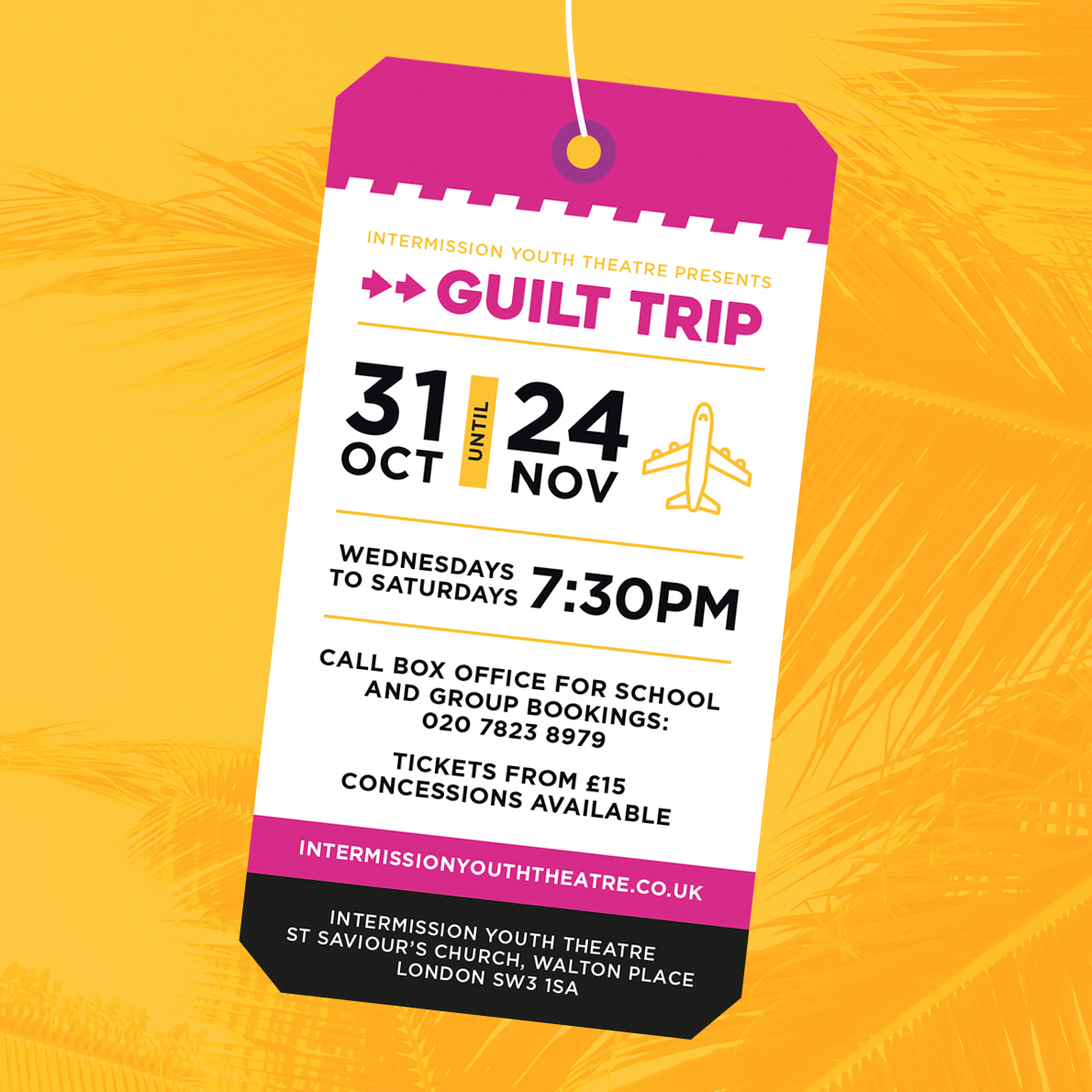 A graphic resembling a boarding pass promoting the Guilt Trip show