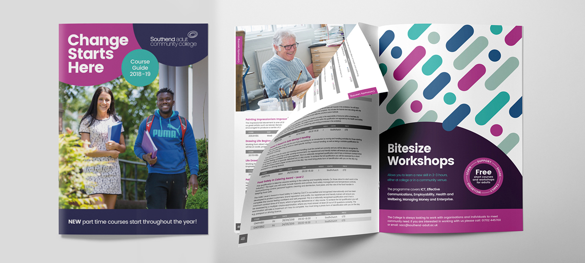 A photo of the Southend Adult College Prospectus designed by Insight Design